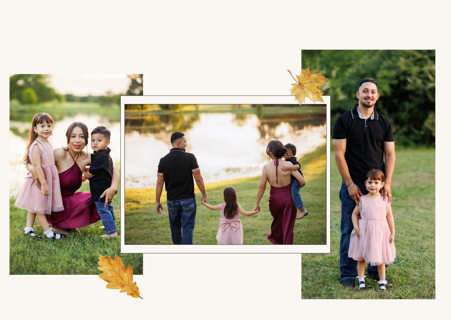 Family posing outdoors near a lake during fall mini photo session, wearing coordinated outfits in pink and burgundy.