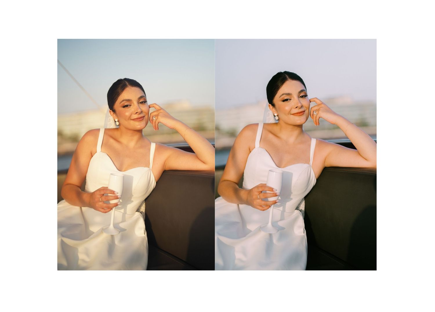 Woman in white dress posing elegantly outdoors, shown in dual photo edit comparison with warm and cool tones.