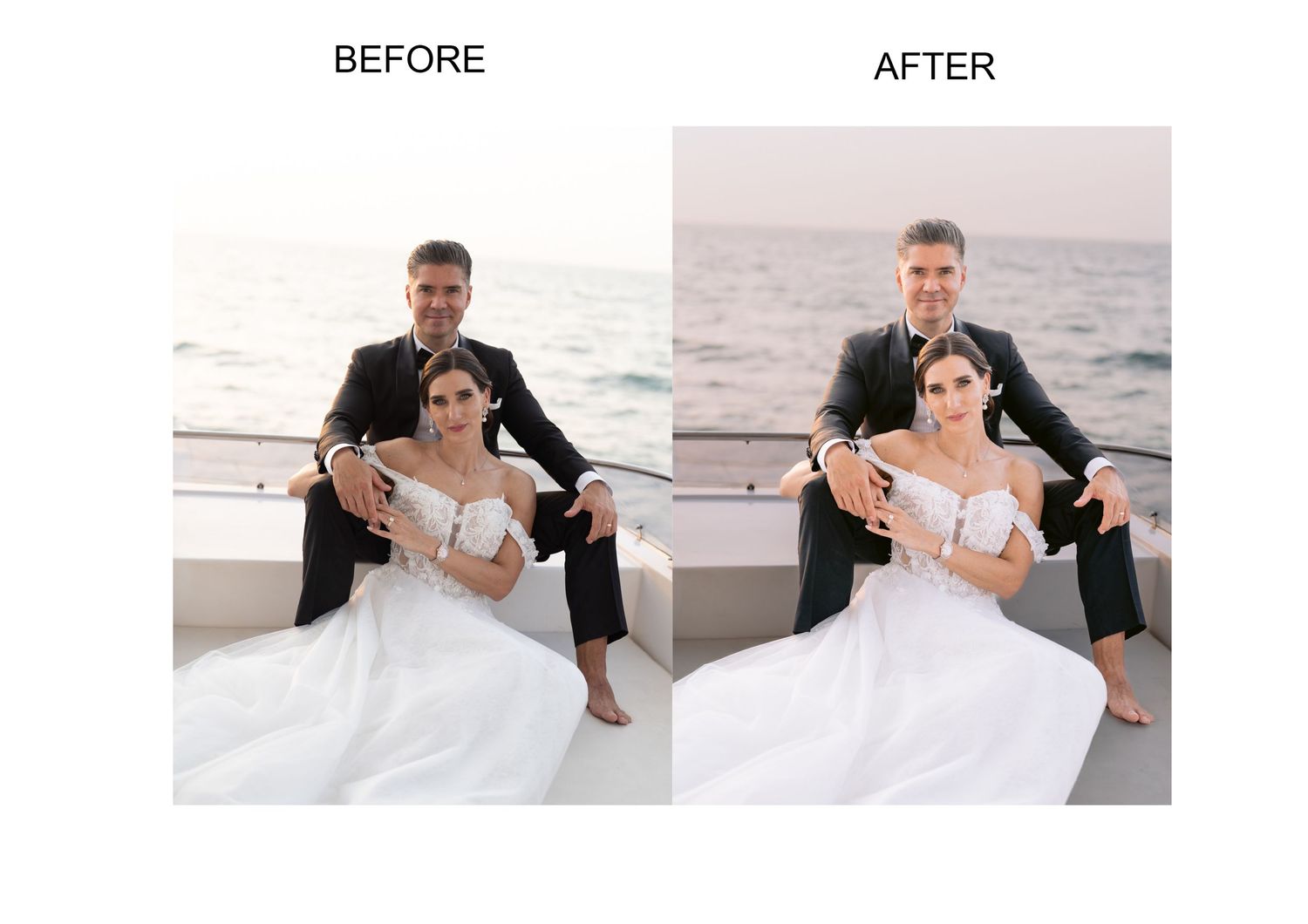 Before and after wedding photo editing comparison showing a couple on a yacht with enhanced brightness and warm tones.