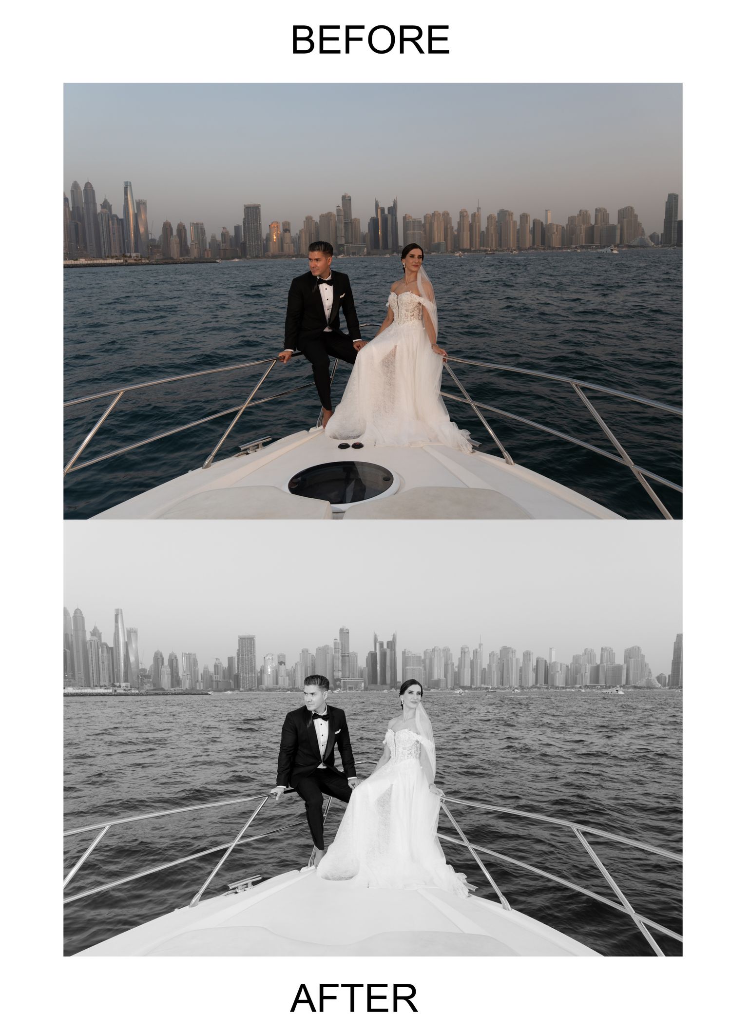 A bride and groom pose on a yacht bow with Dubai skyline, shown in color before and black-and-white after photo editing.