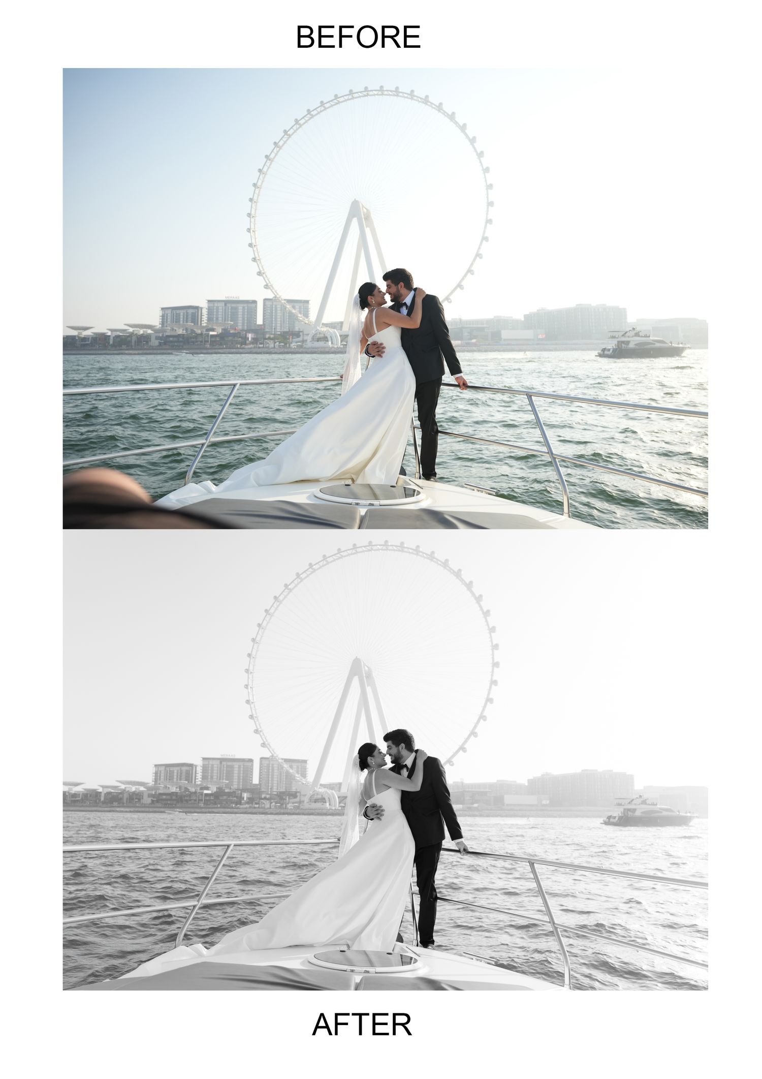 Before and after wedding photo edit of couple kissing on yacht bow with Ferris wheel, showing color to black and white conversion.