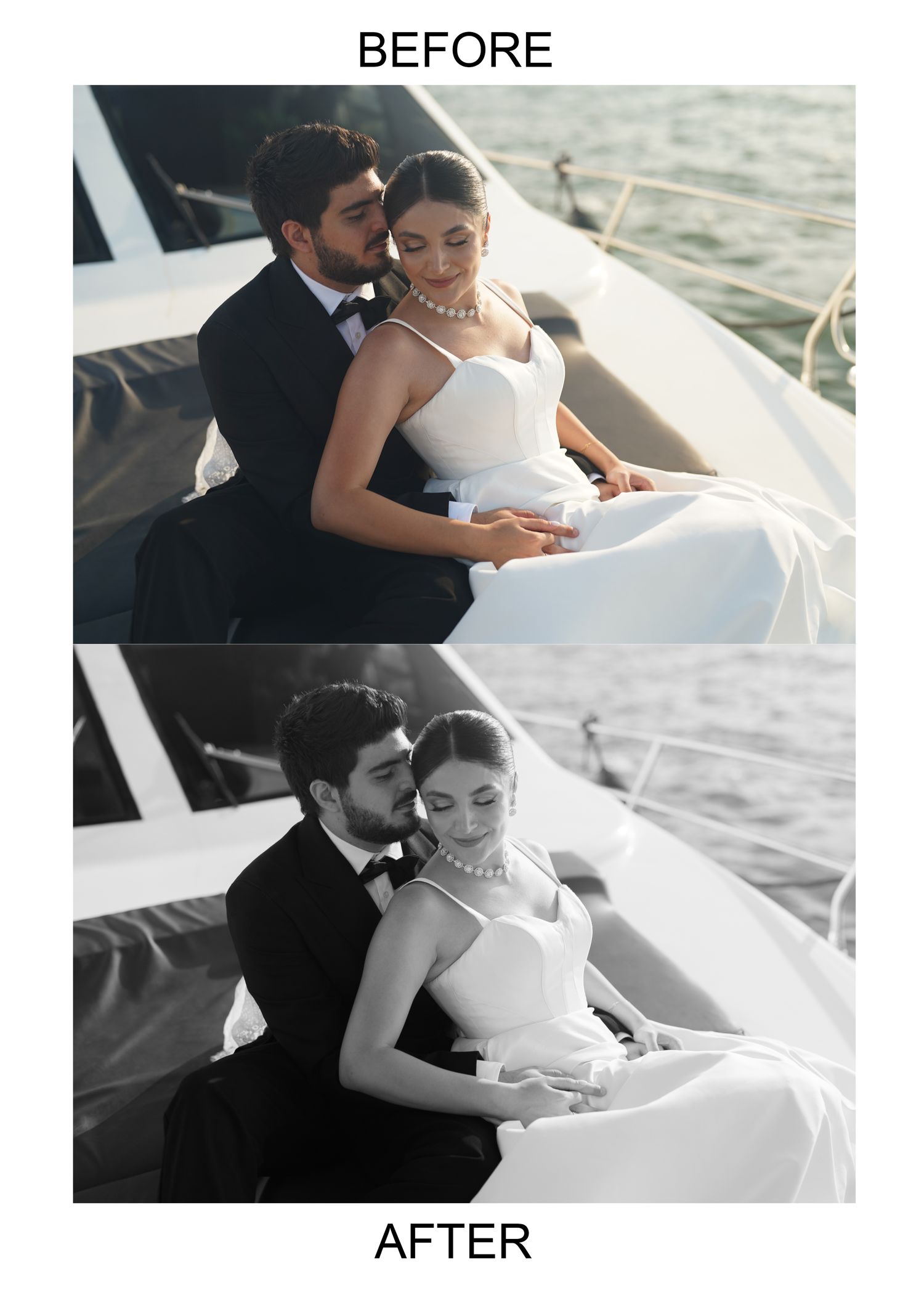 Before and after wedding photo edit showing couple on yacht, color to black and white conversion highlighting elegant bridal look.