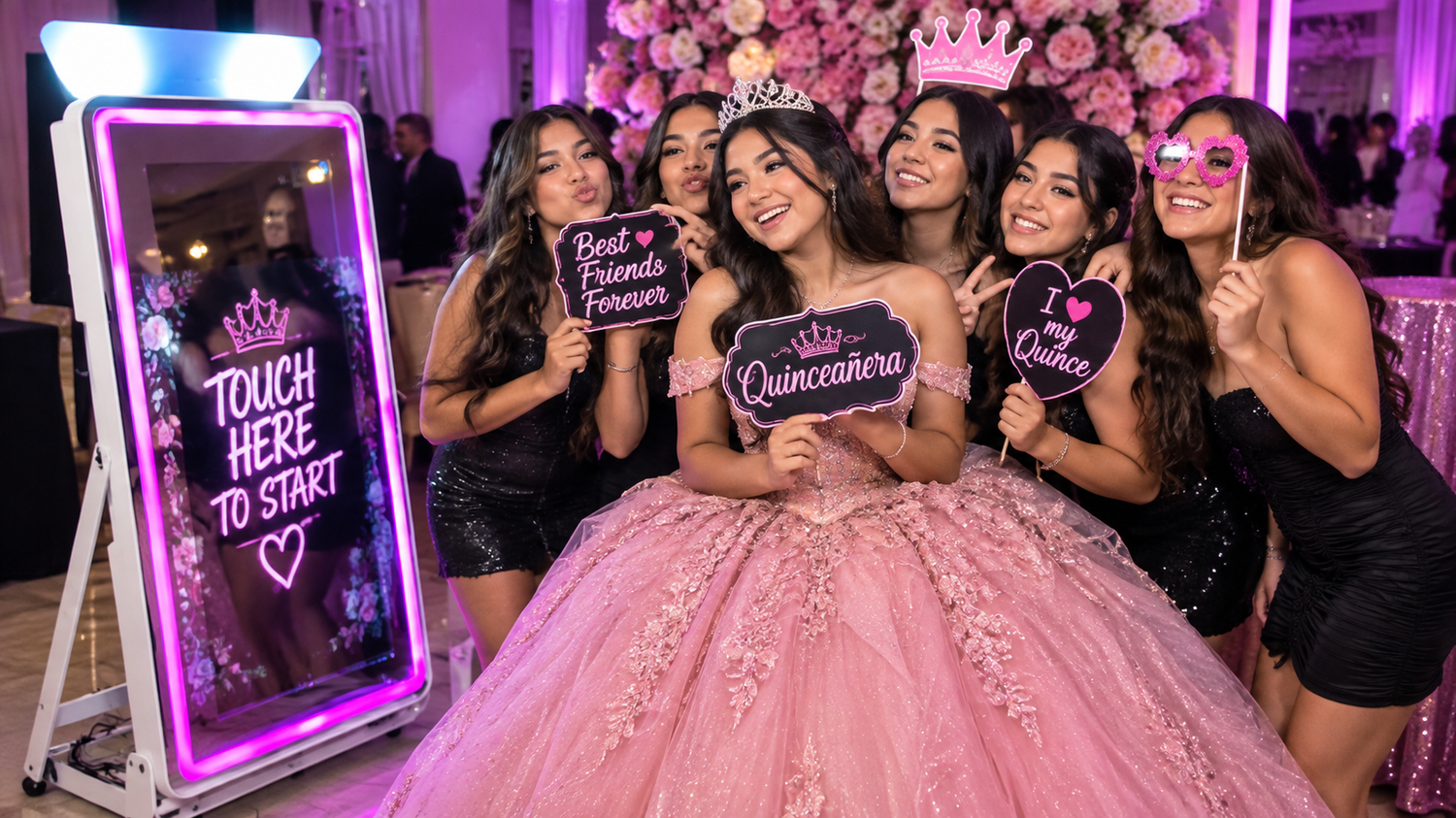 Quinceañera Mirror Photo Booth Dallas Fort Worth operators, instant prints, custom templates and professional DFW local event services TX