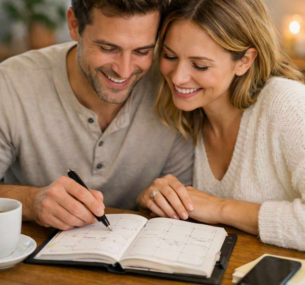 Un couple en train de consulter un calendrier ou un agenda, souriant, dans une atmosphère de planification sereine.