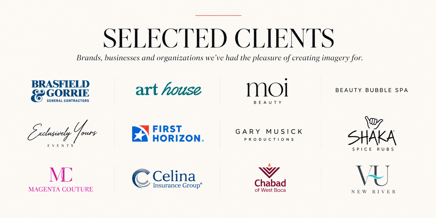 Selected clients grid showcasing logos including Art House, Moi Beauty, First Horizon, Gary Musick, Shaka, and more brands.