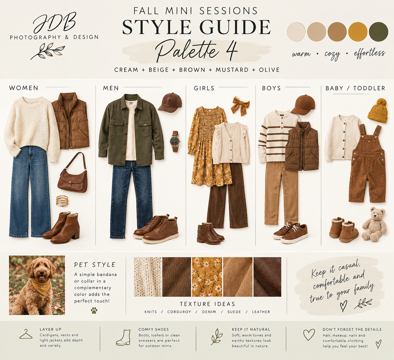 Fall mini session style guide featuring olive, cream, camel, and rust palette outfits for women, men, girls, boys, and babies.