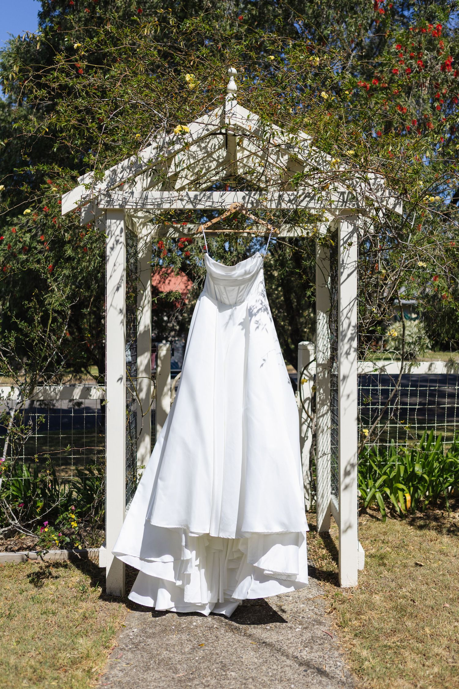 dress hanging in garden at Dungog wedding NSW