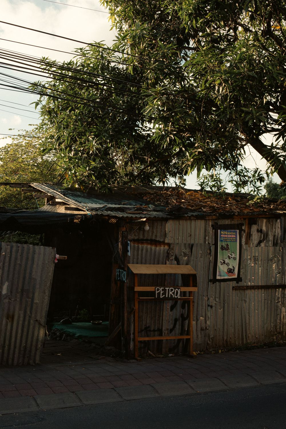 Rustic corrugated metal shack with a wooden sign reading PETRO, shaded by a large green tree on a quiet street.