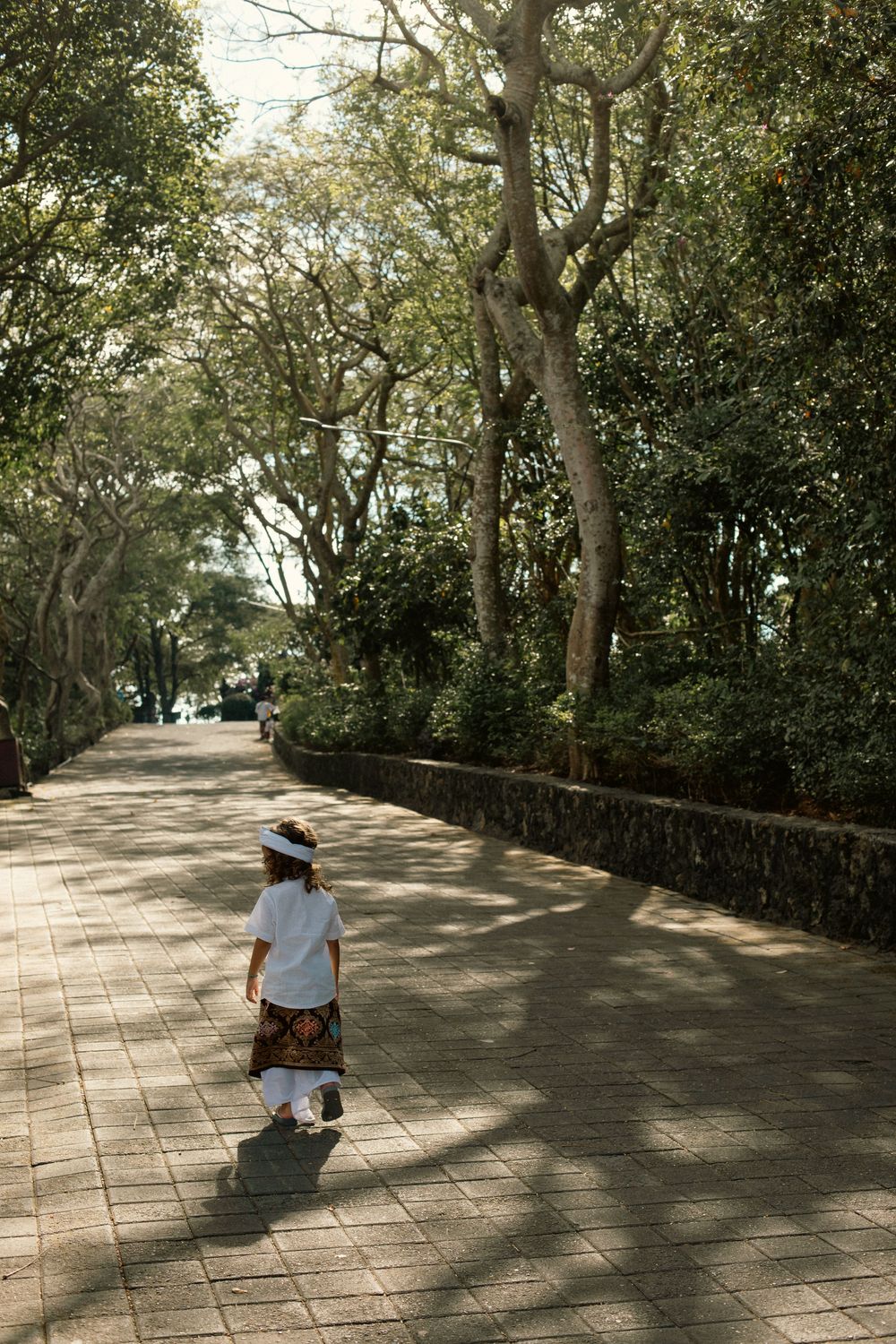 Child in traditional Balinese attire walking along a tree-lined stone pathway in a lush tropical garden.