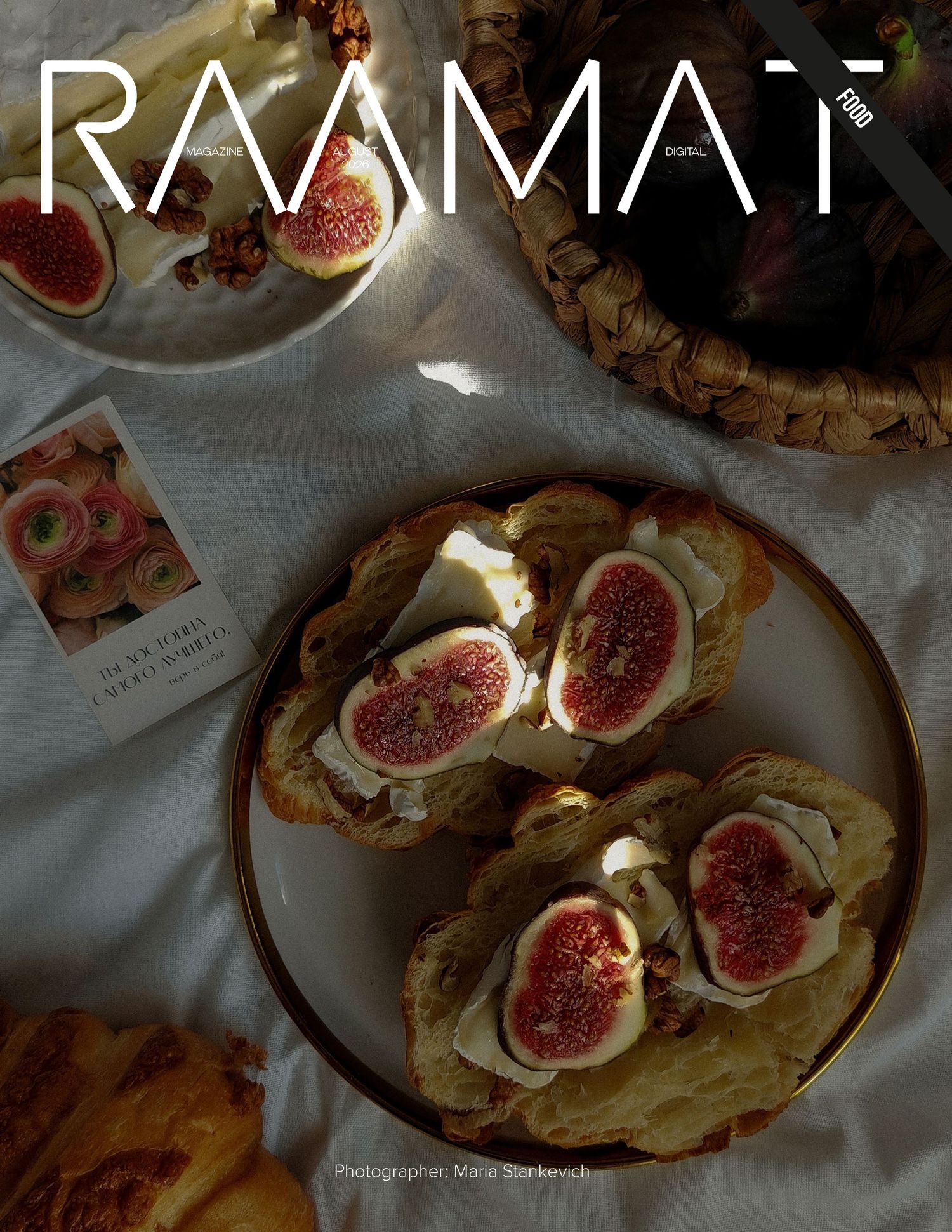 RAAMAT magazine cover featuring fig and cream cheese bruschetta on a white plate, photographed by Maria Starolevich.