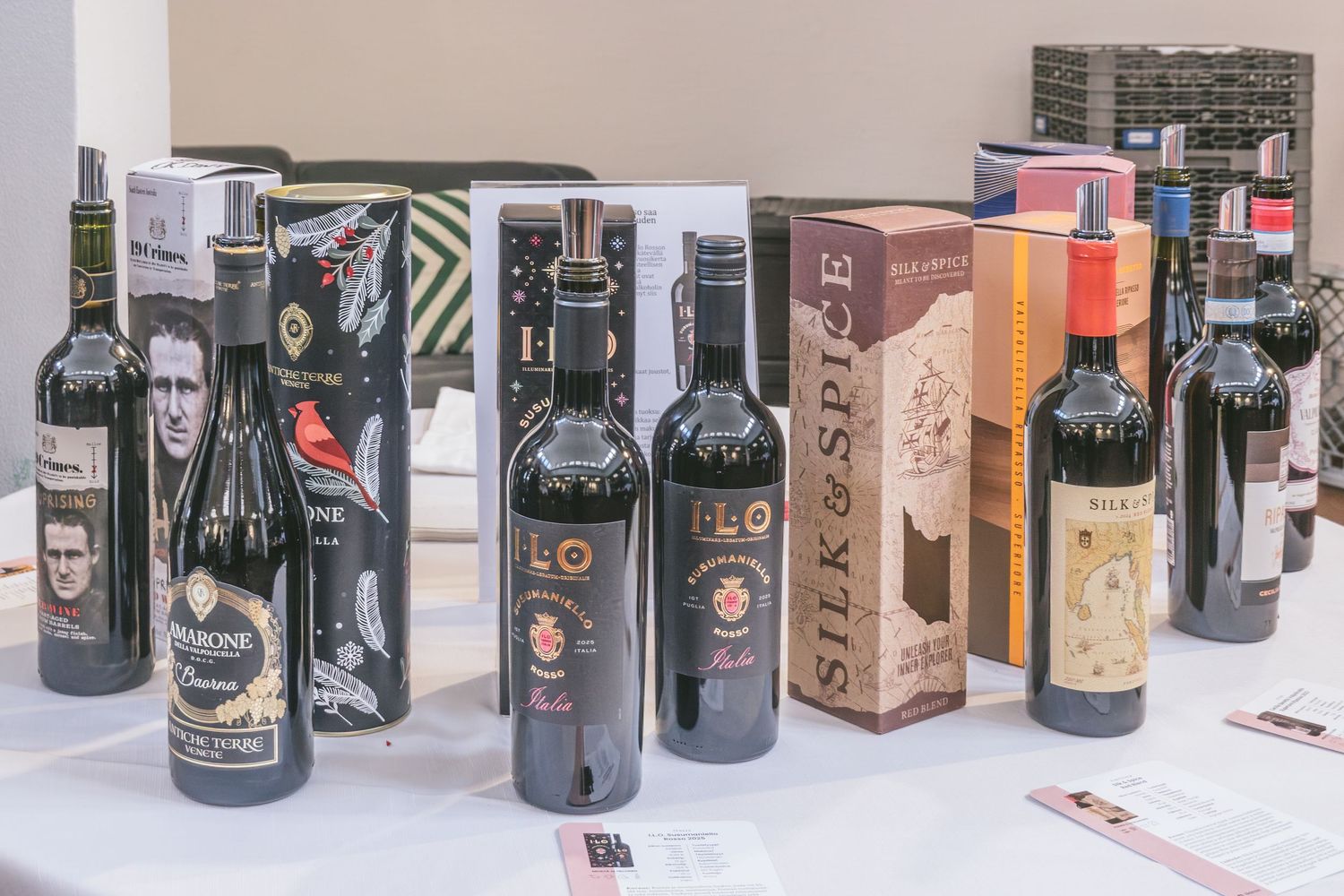 Red wine selection including Antiche Terre Amarone and I-L-O Susumaniello. Photo by © Reka Peurala - Three Pod Studio