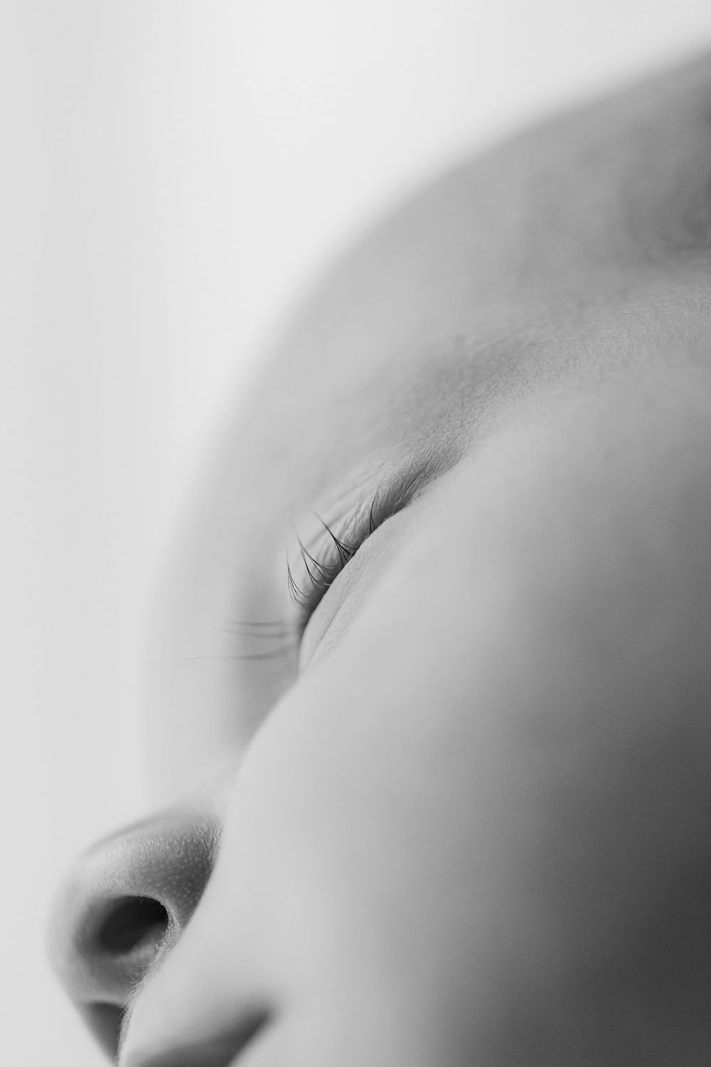 Close-up black and white macro photograph showing newborn eyelashes
