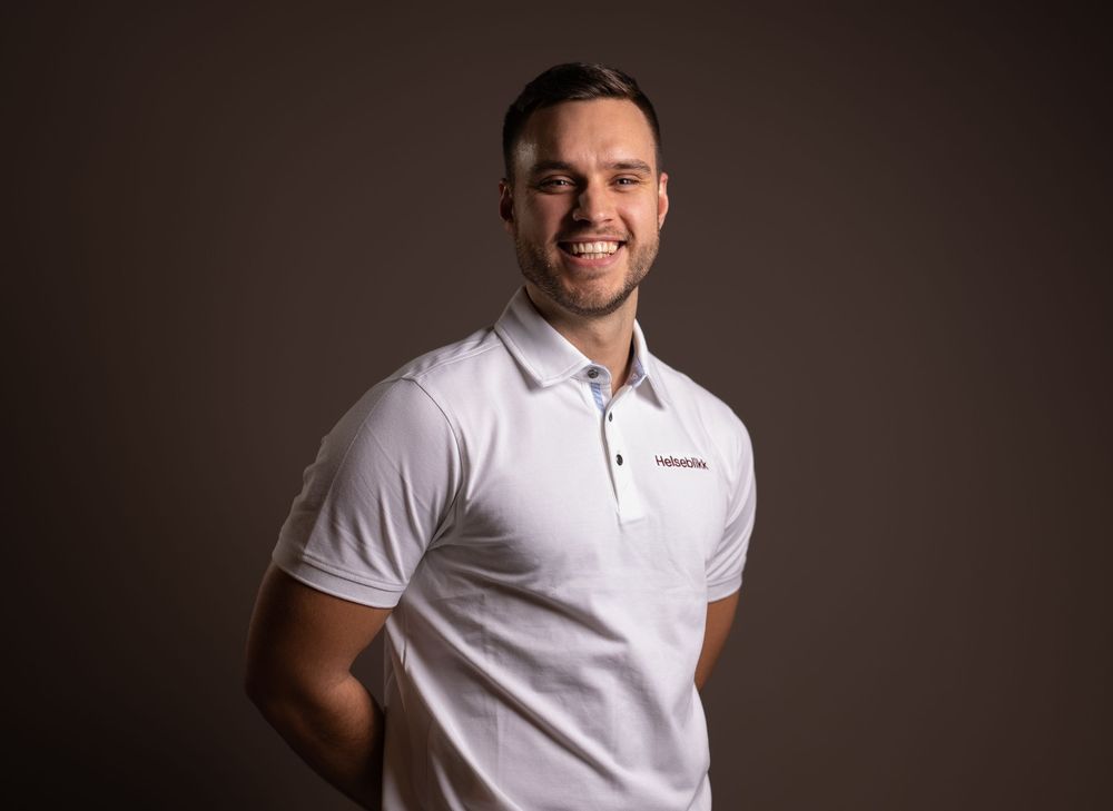 Professional portrait series showing person in white polo shirt against dark background.