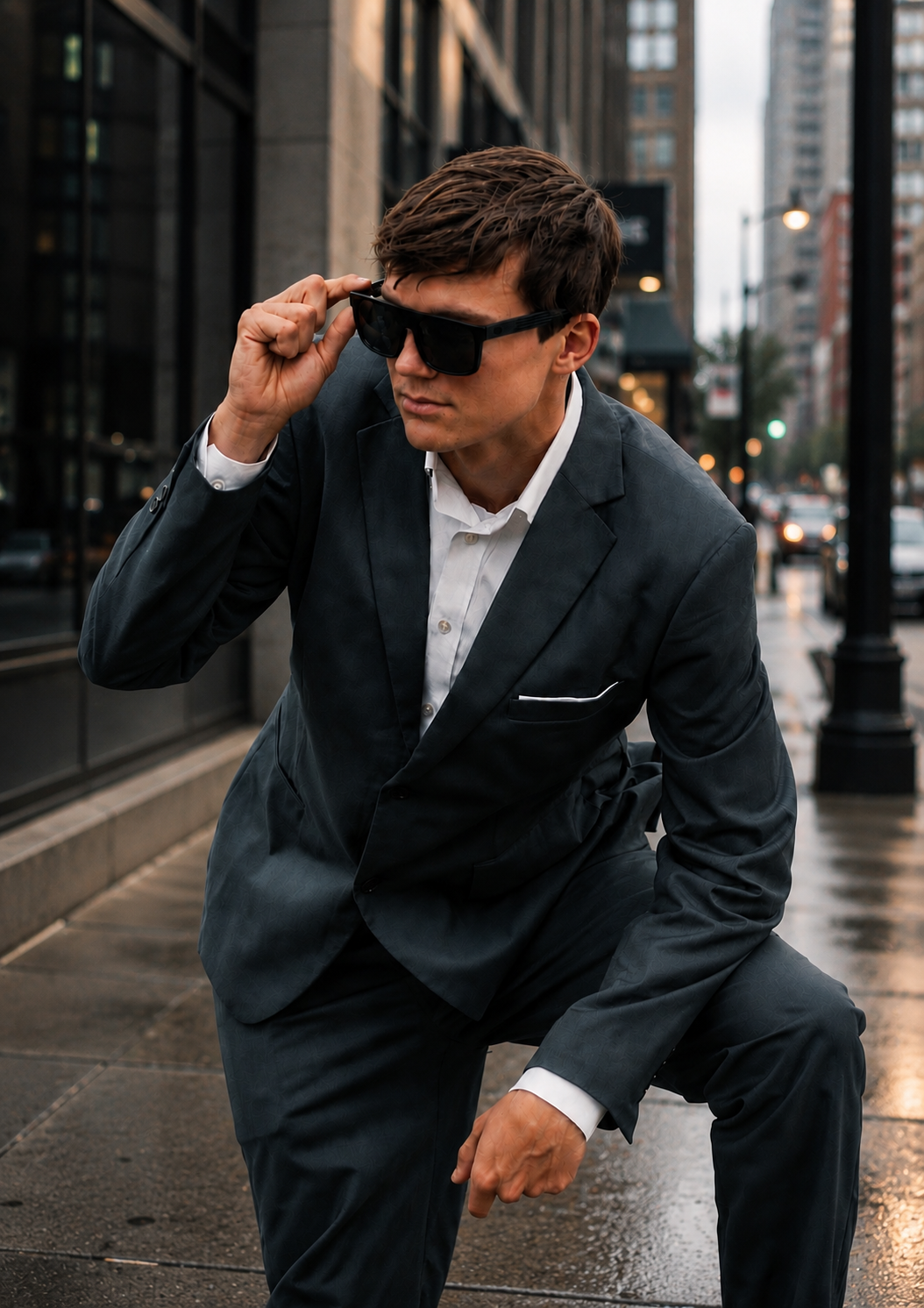 Man in dark suit and sunglasses posing on wet city sidewalk, adjusting glasses with confident pose.