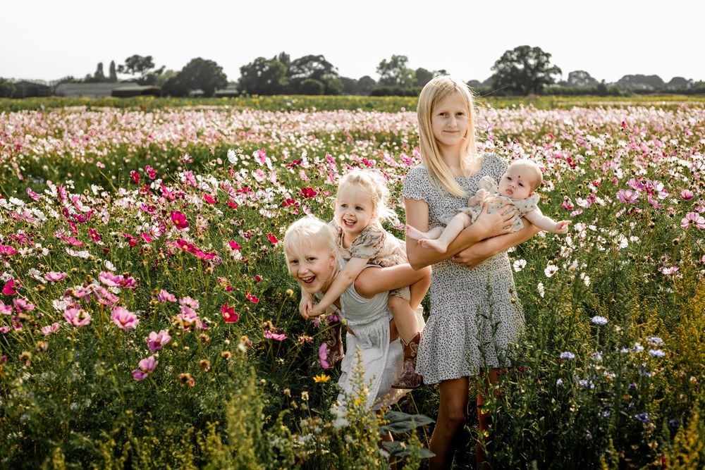 At Sam's Sunflowers on Hayling Island, Hampshire, a girls stand hugging amongst the wildflowers.