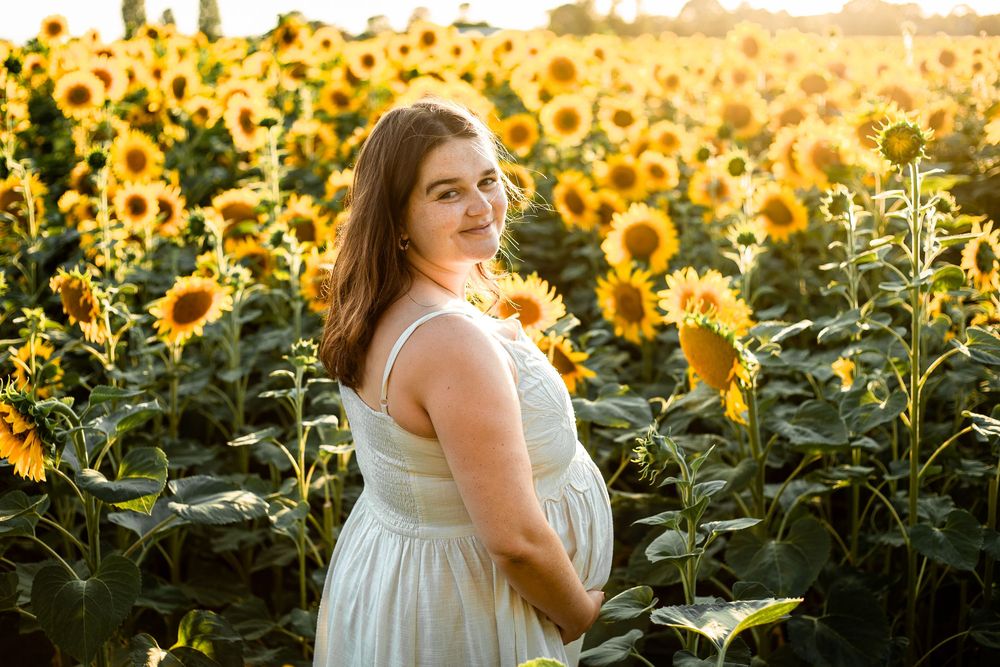 A beautiful pregnant lady stands looking over her shoulder in a sunflower field on Hayling Island, Hampshire.