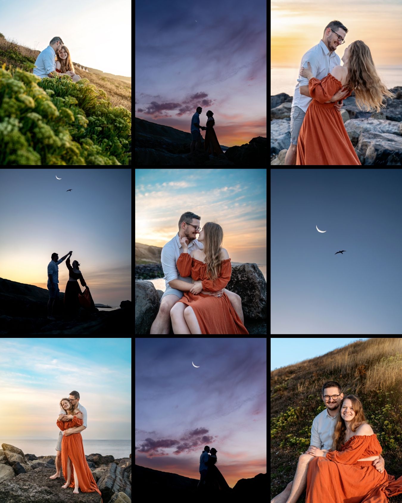 Couple photoshoot at sunrise, gorgeous gown, moon and stars on the sky. Location: Barton on Sea, Hampshire.