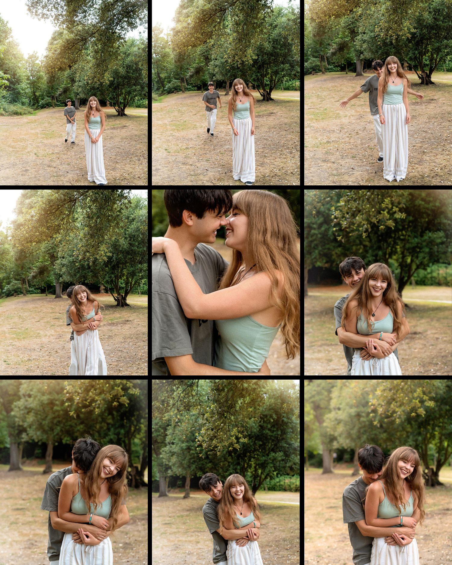 A young couple hugging at a photo session at Highcliffe Castle, UK.