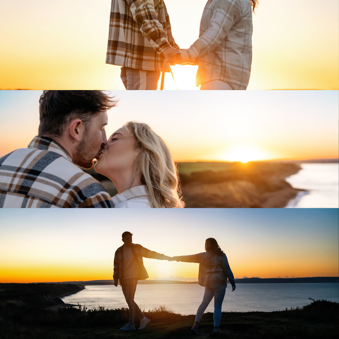 Couple kissing as the sun is rising. Location: Barton on Sea, Hampshire.