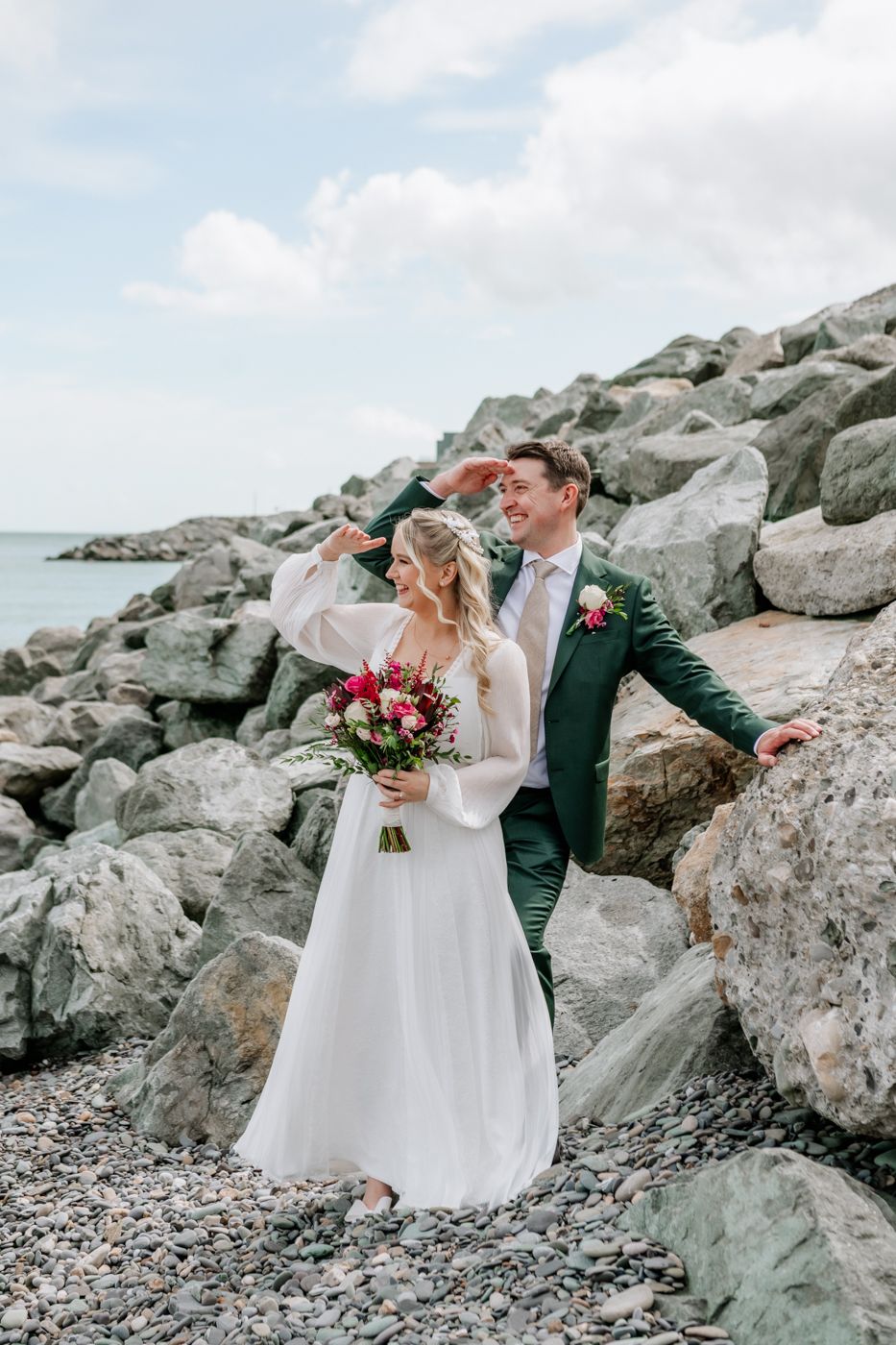 Romantic outdoor wedding portrait taken by Irish wedding photographer near the coast.