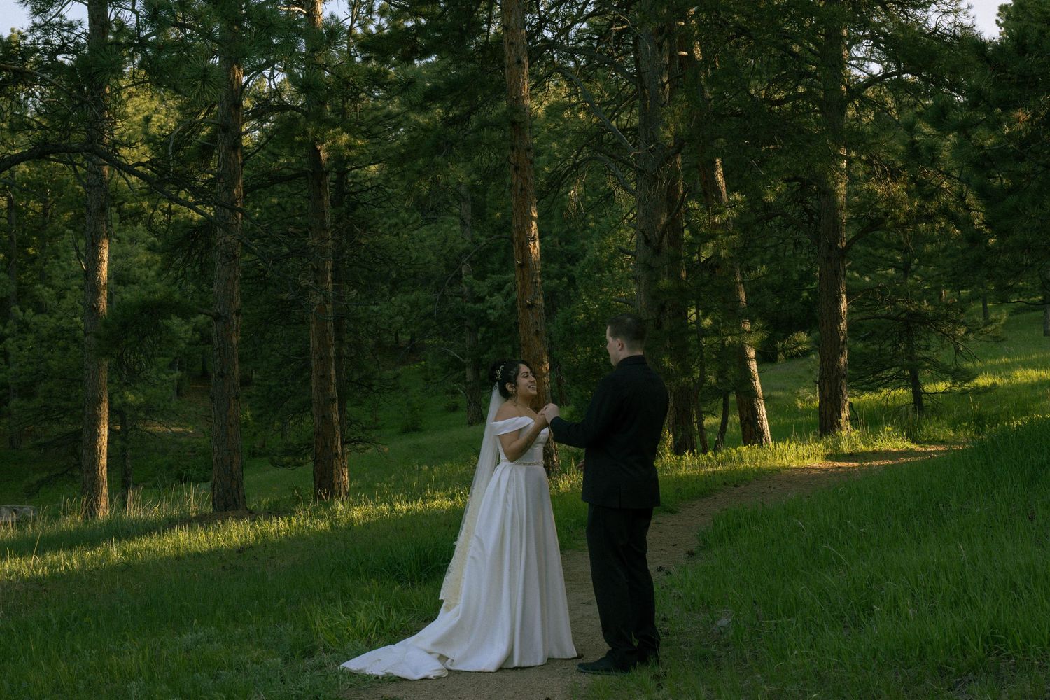 A couple runs hand-in-hand through a golden meadow, framed by Colorado’s towering evergreens and mountain peaks—a moment of pure adventure.