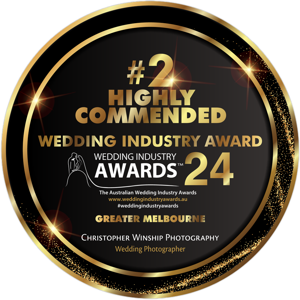 Gold and black circular award badge for Highly Commended Wedding Industry Award 2024.
