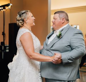 A joyful moment between newlyweds dancing at their wedding reception.