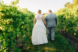 A couple in wedding attire stroll through rows of lush green grapevines at a vineyard.