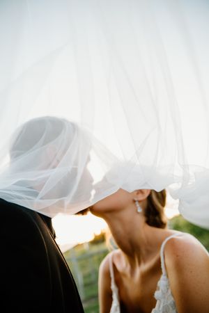 Ethereal wedding veil silhouettes against bright sunlight creating a dreamy atmosphere.