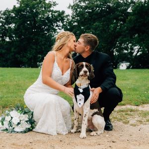 A couple in wedding attire poses with their dog outdoors on a gravel path surrounded by greenery.