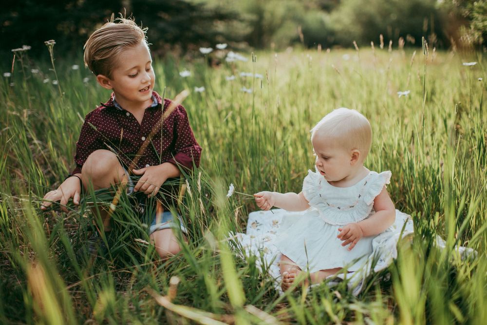 Two children sitting in a meadow of wildflowers and tall grass. Sarasota Family Photographer. Lido Beach Photographer.