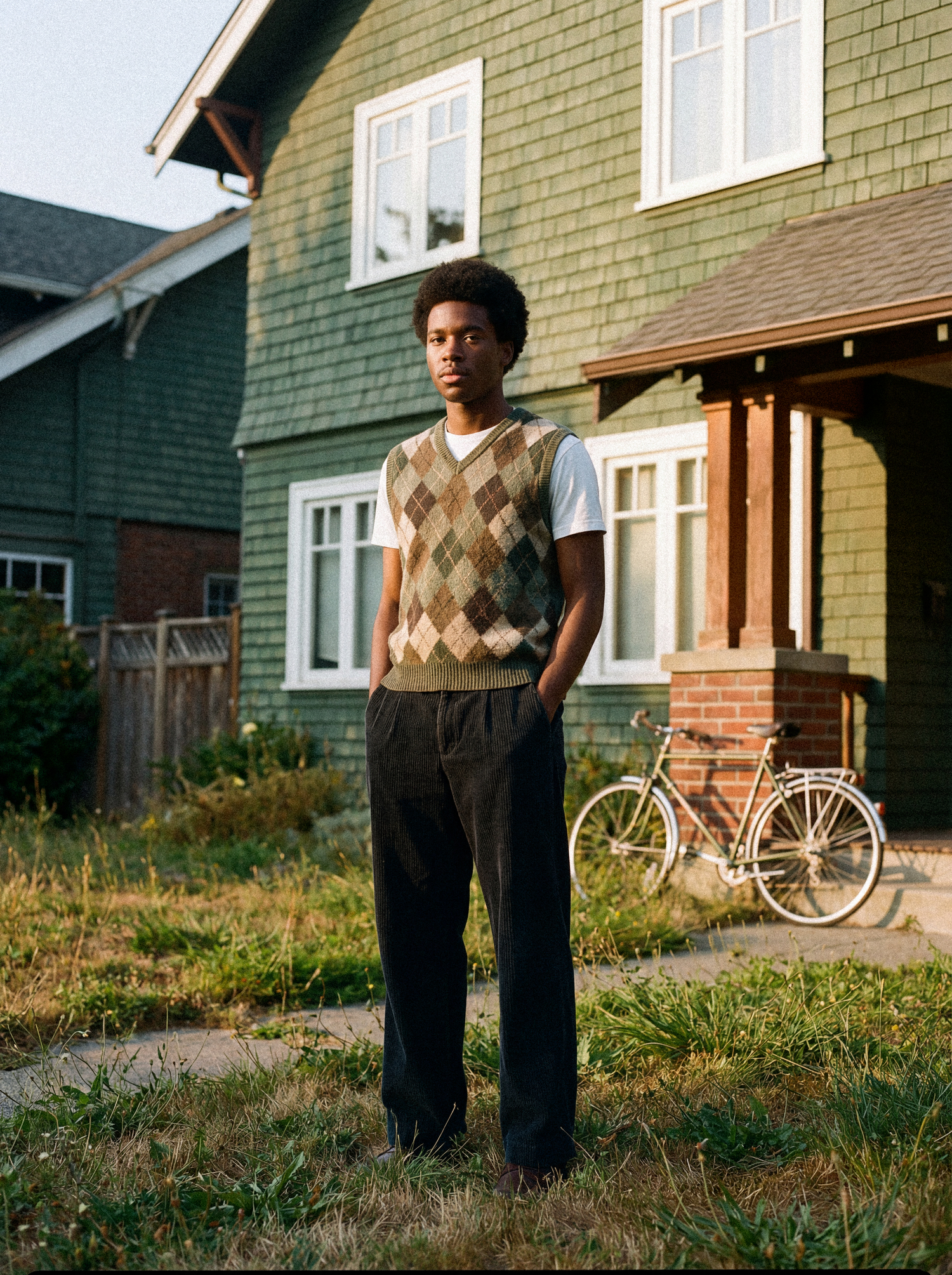 A sequence of cropped photos showing legs wearing argyle sweater and dark pants standing on grass near a house.
