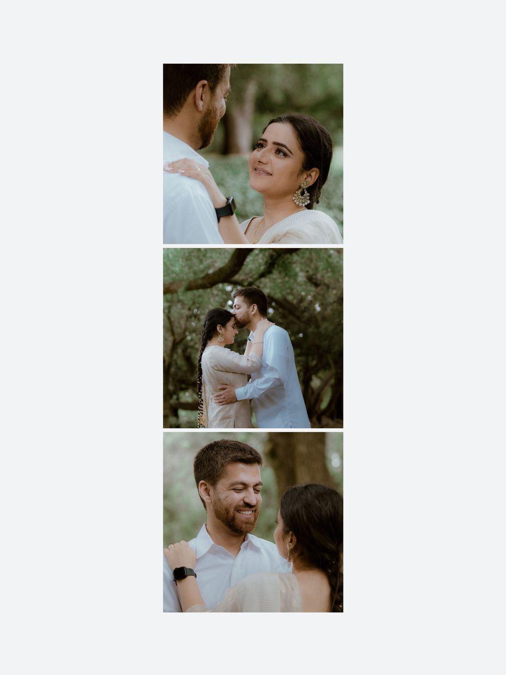 Three romantic outdoor photos showing intimate candid moments between a couple during a wedding photoshoot.