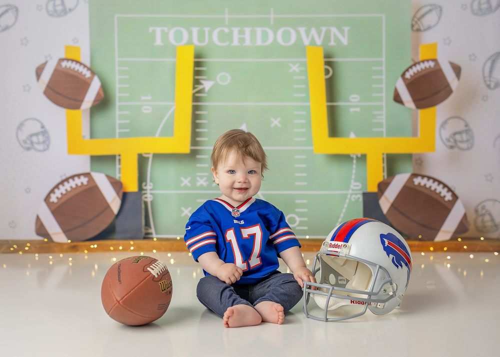 A football themed photo collage with footballs, jerseys, and goal posts against a green chalkboard background.