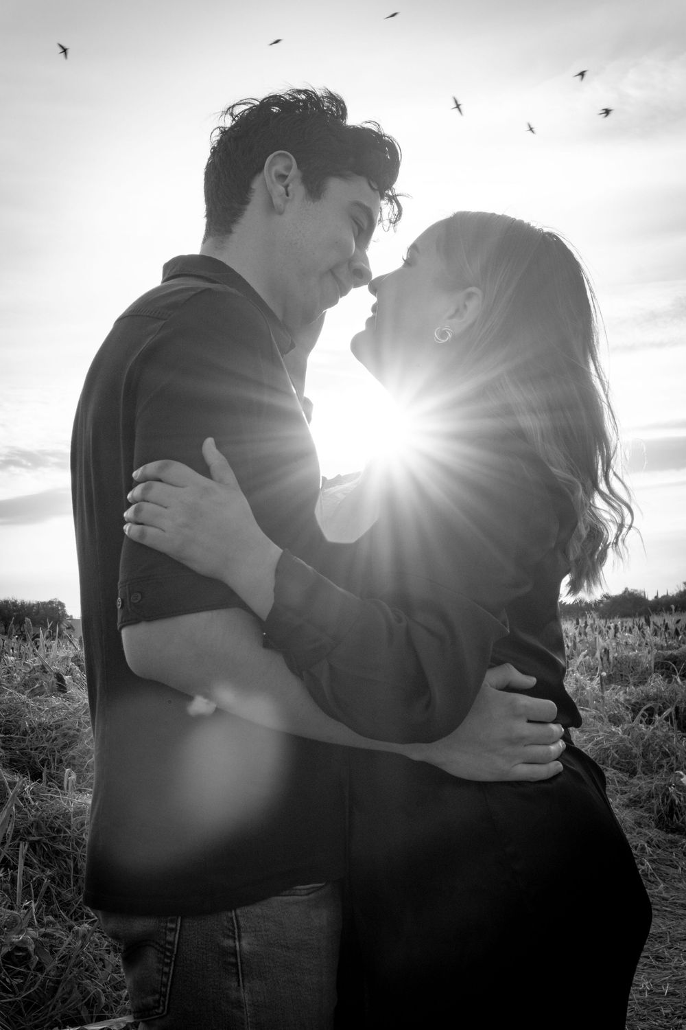 Black and white romantic couple embracing at sunset with sun flare between them in an outdoor field.