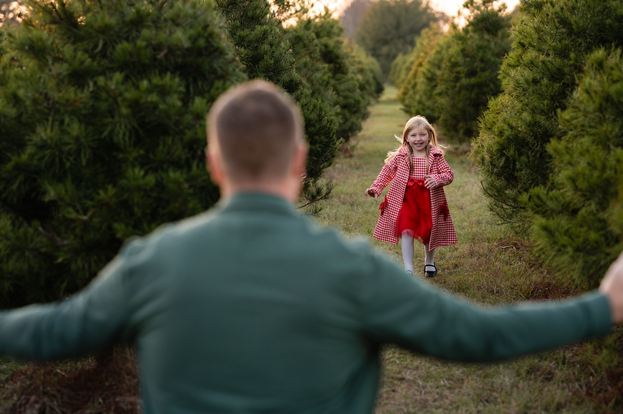 A sequence of outdoor photos showing a joyful moment between two people in a Christmas tree farm at sunset.