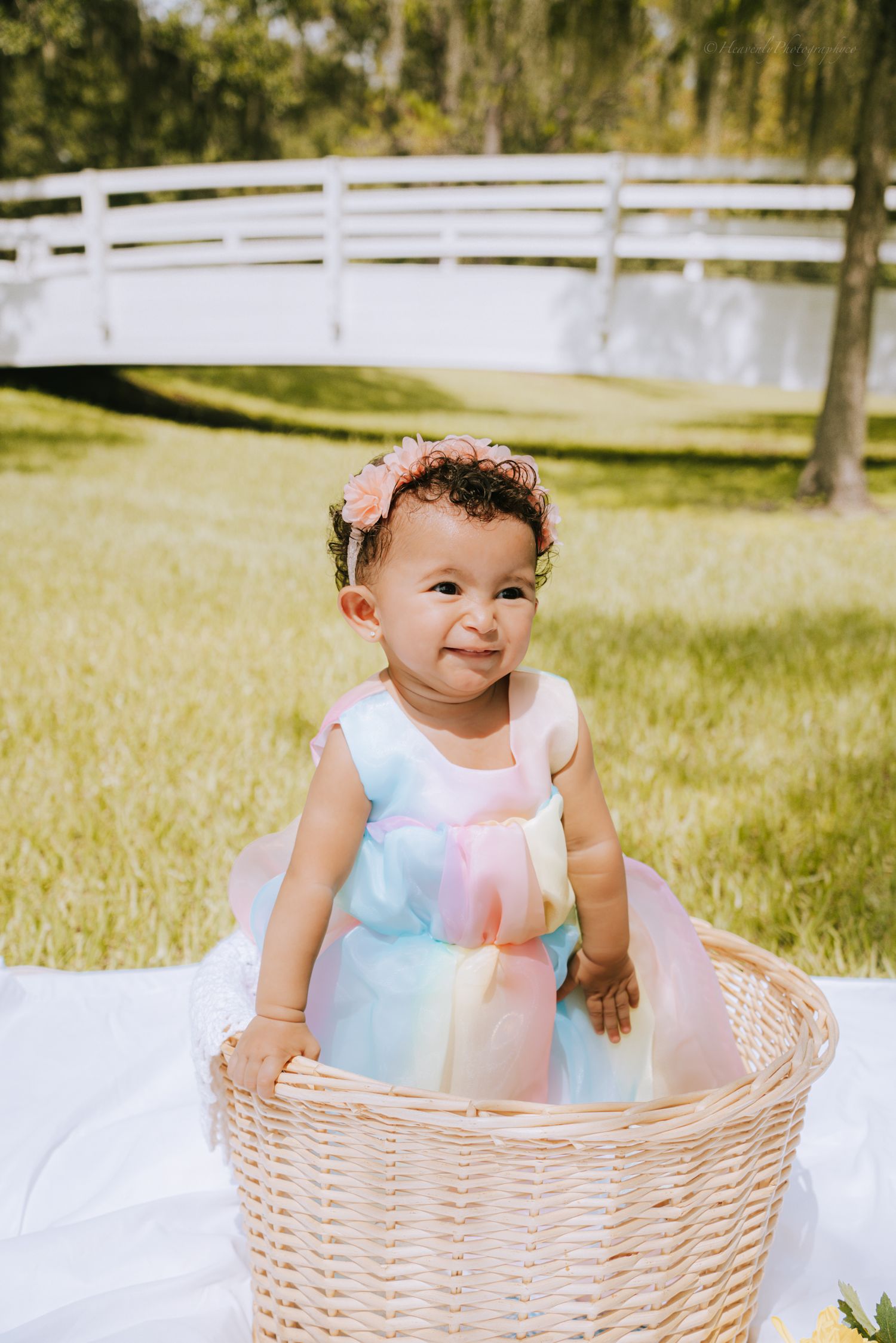 Baby wearing pastel dress sits smiling in wicker basket outdoors.