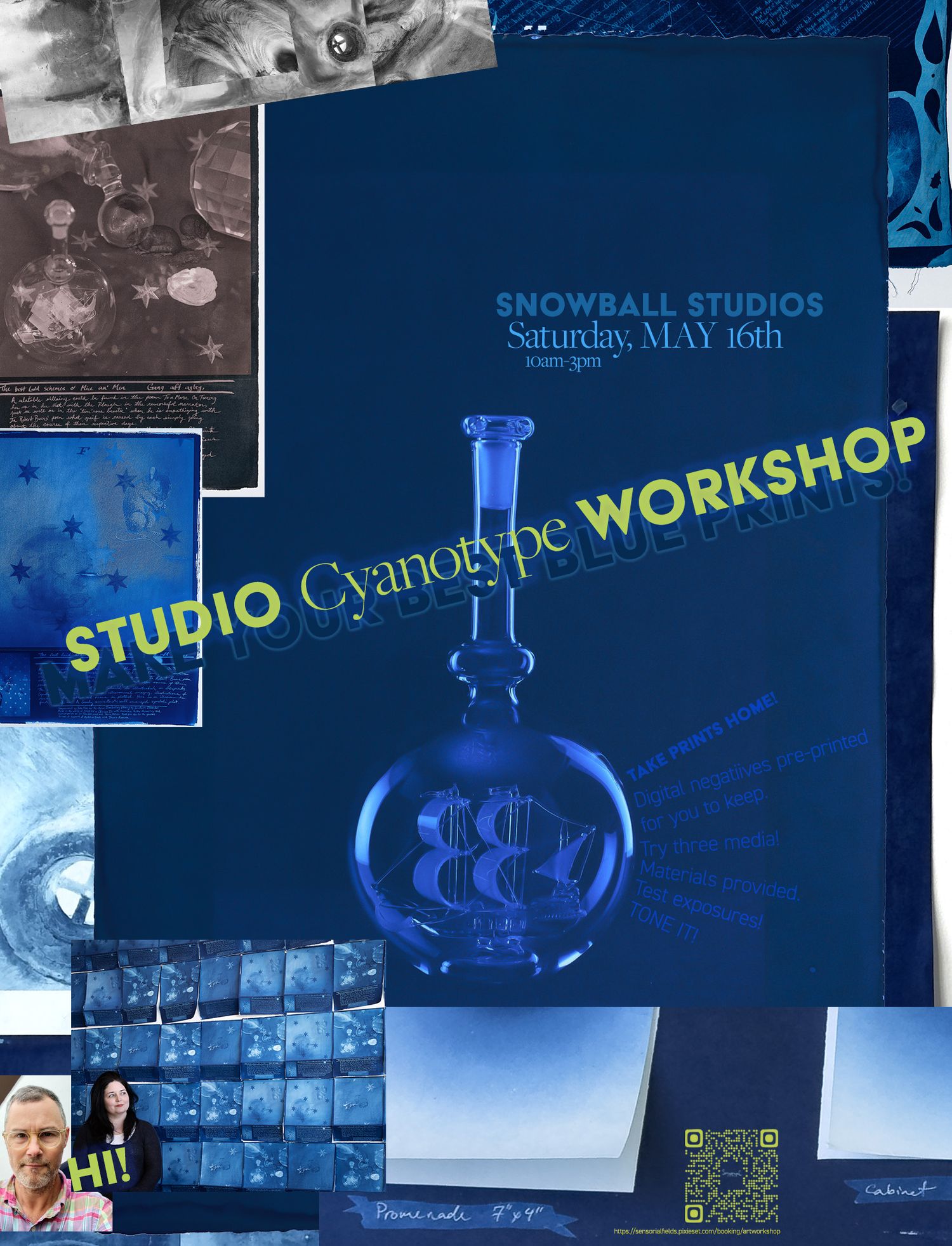 BLUE prints collaged ad of different cyanotype prints, tests, and materials demonstrating the results of a one day art workshop this spring.