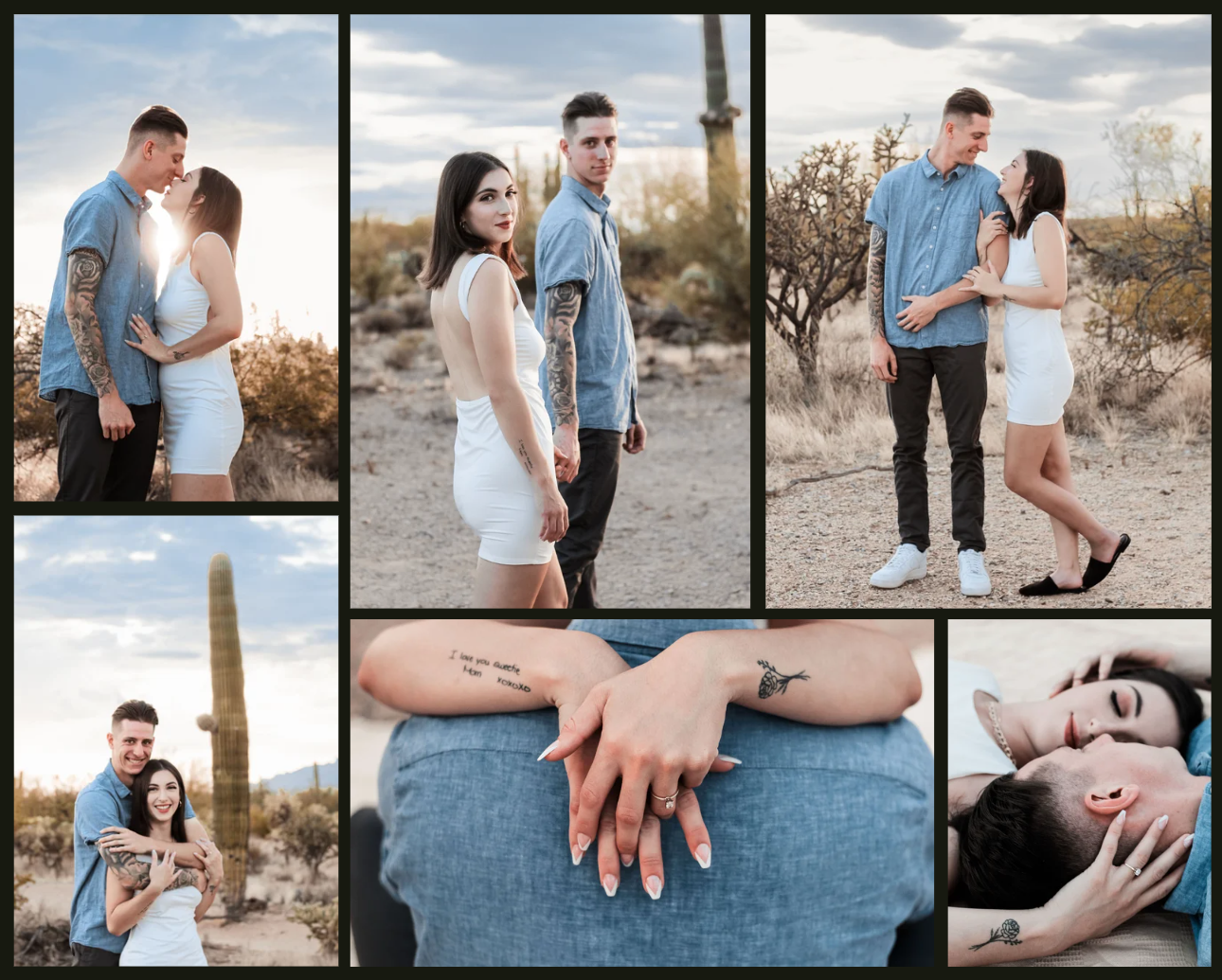 Couple celebrating engagement during an outdoor couples engagement photoshoot in Tucson, Arizona in the desert at golden hour.