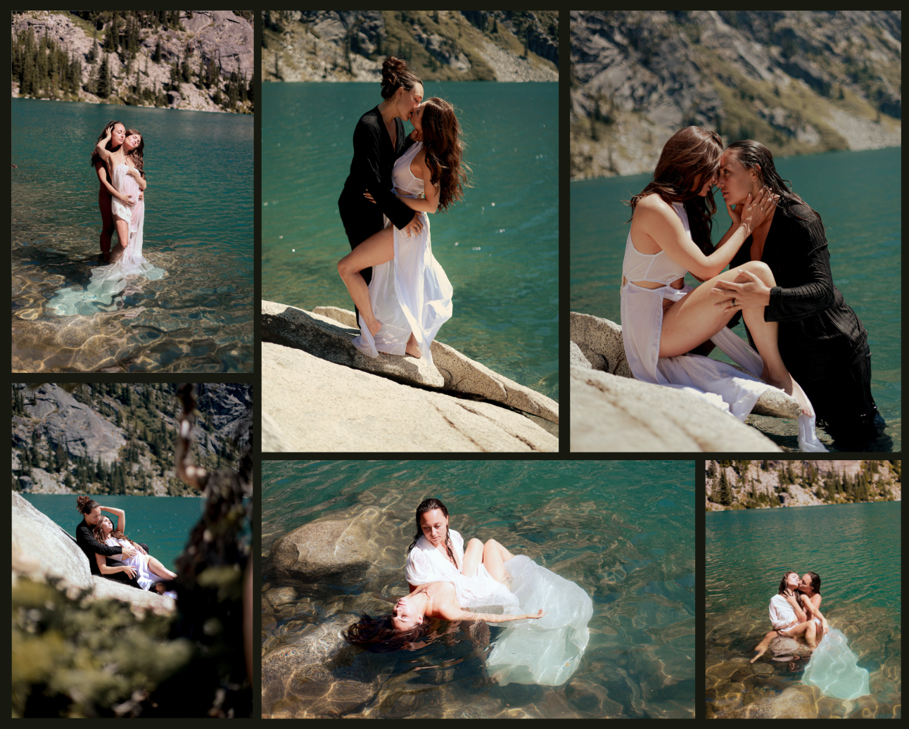Couple embraces in flowing white dress and black tuxedo in a gorgeous lake near a mountain during couples photoshoot in Oro Valley, Arizona.