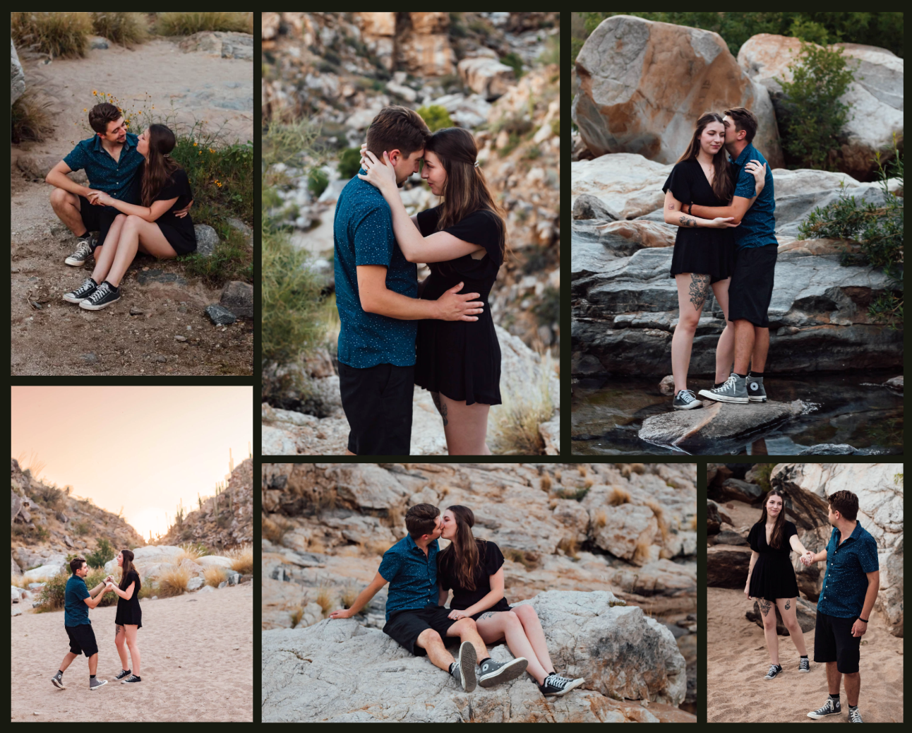 Couple celebrating engagement during an outdoor couples engagement photoshoot in Tucson, Arizona at Tanque Verde Falls at golden hour.