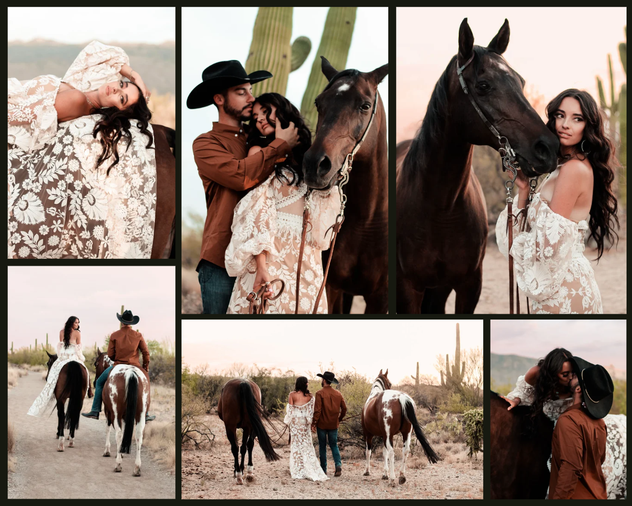Couple kissing for couples session with horses in Tucson, Arizona in the desert.