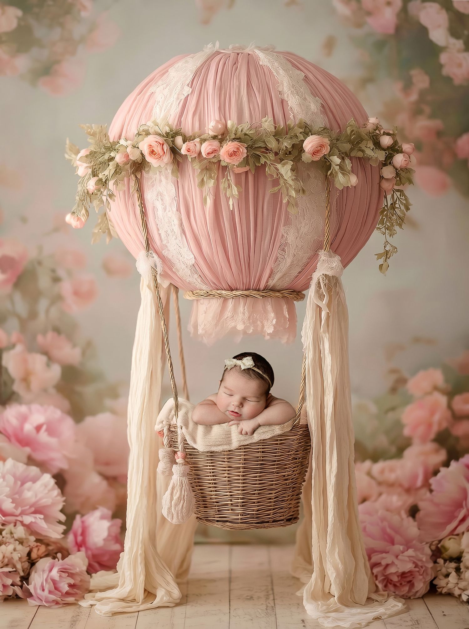Newborn baby sleeping in a wicker basket hot air balloon prop with pink fabric and floral decorations.