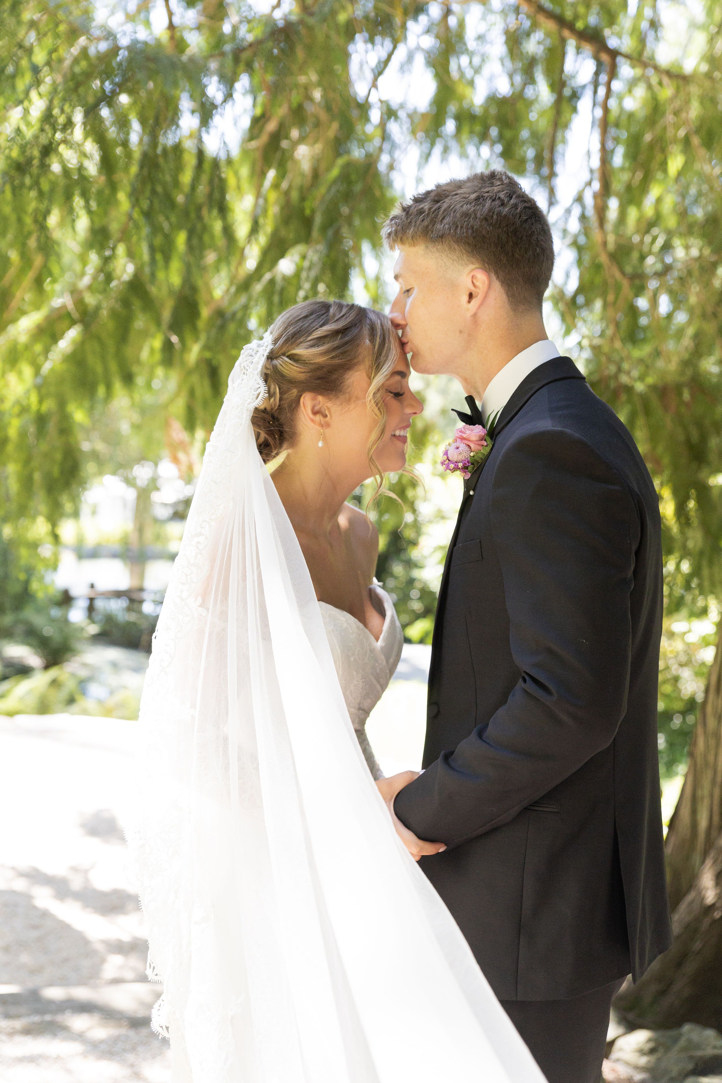 Cora Emilie Media A wedding couple shares an intimate kiss under willow trees in a garden setting.