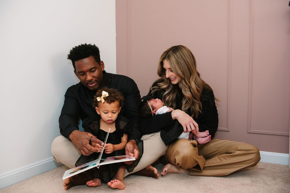 Candid family photos showing playful interactions in a modern nursery setting.