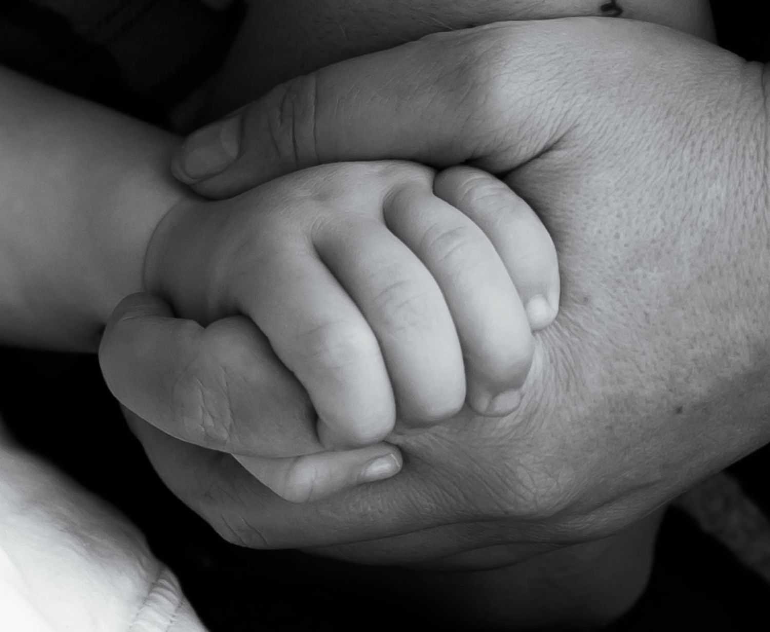 A tender black and white close-up photograph of a tiny baby hand grasping an adult's finger.