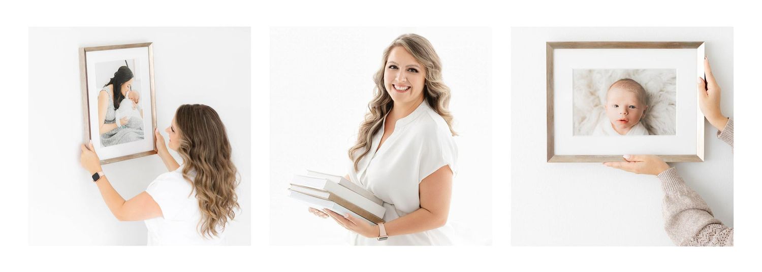 Jacksonville baby photographer showing off albums and printed wall art for full-service newborn photography experience