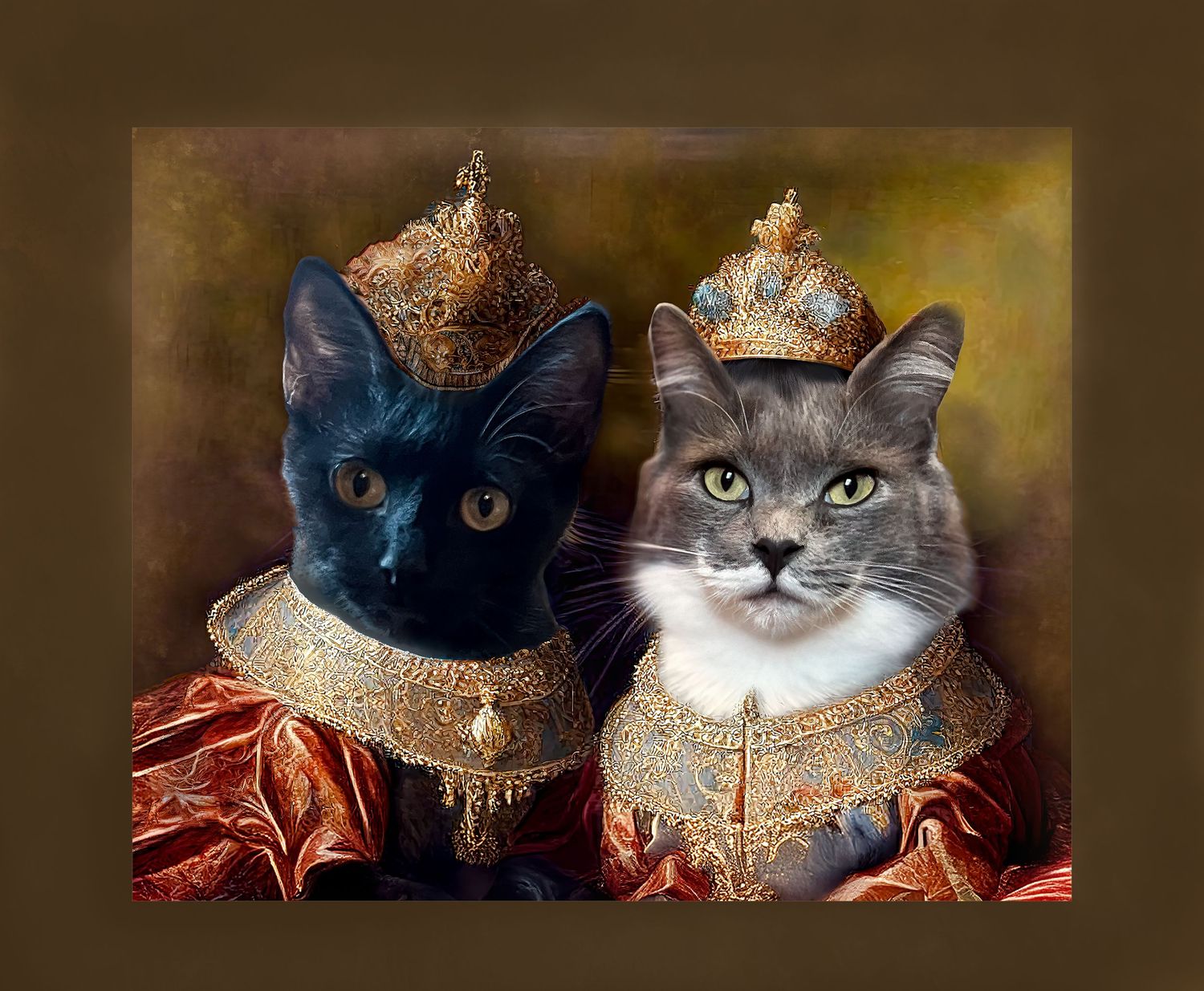 Digital pet portrait of two cats wearing ornate royal crowns and Renaissance style clothing against a dark background.