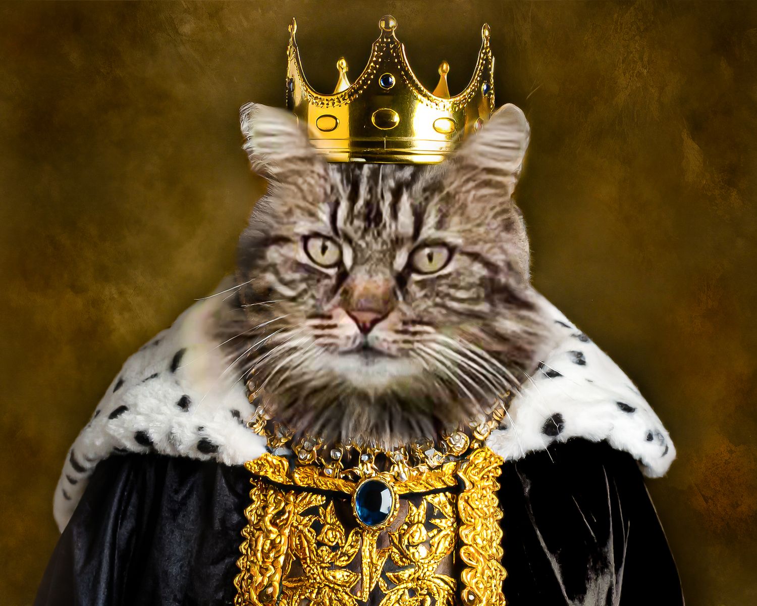 A majestic cat wearing a royal crown and luxurious black velvet robe poses regally for a portrait.