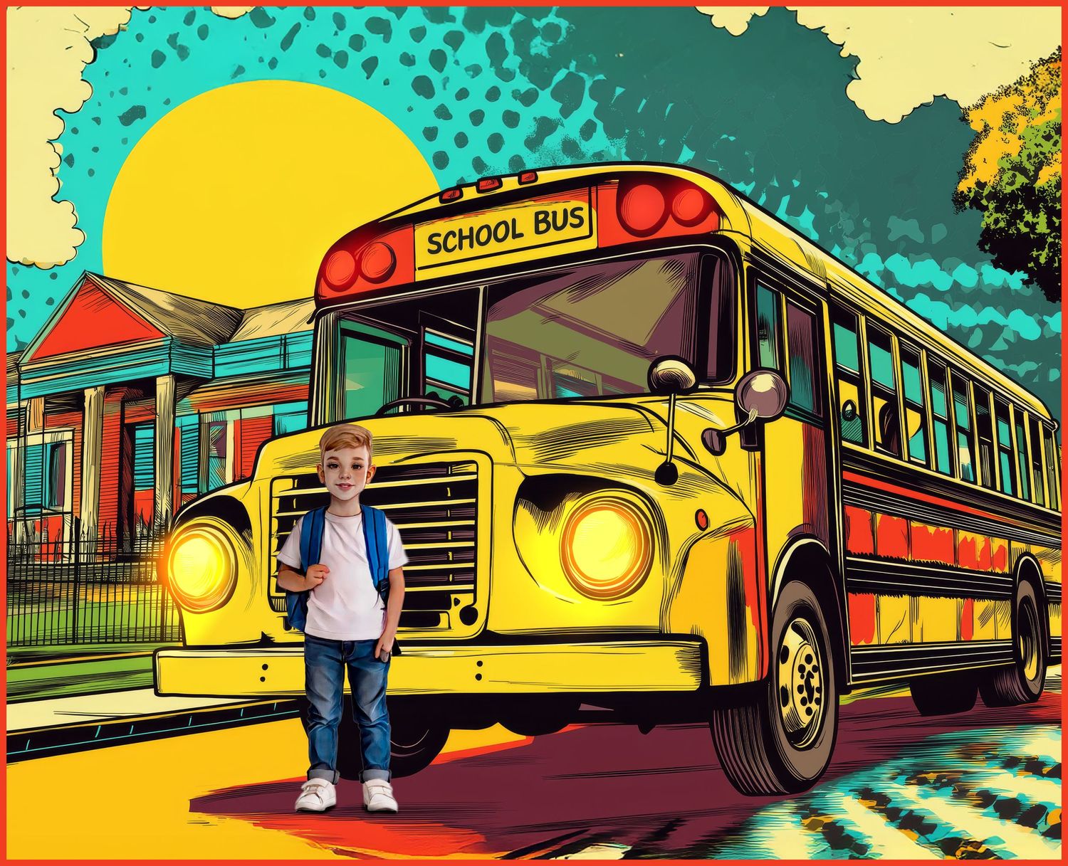 An artistic pop art style illustration of a bright yellow school bus parked outside a building with a retro comic effect.